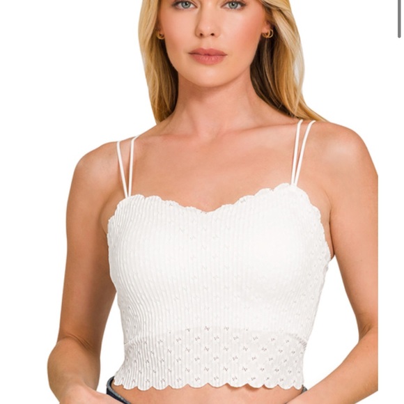 ZENANA SCALLOPED SEAMLESS LACE CROP TOP BRALETTE WITH BRA PADS White - Picture 2 of 3
